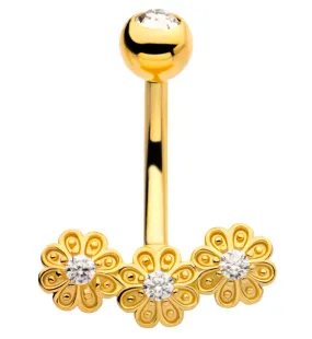 Gold PVD Triple Flower Clear CZ Stainless Steel Belly Button Ring