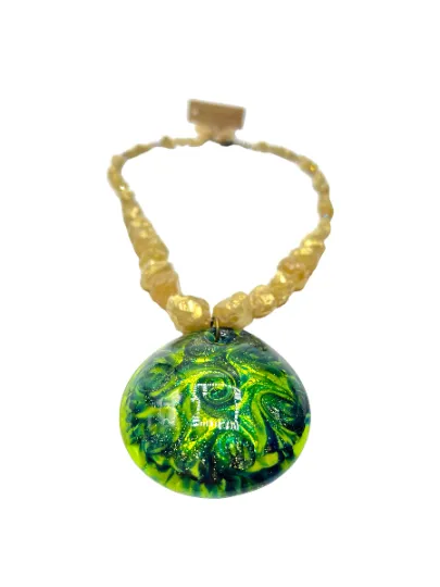 Green and Black Murano Pendant Necklace on an Electroplated Citrine Druzy Stone