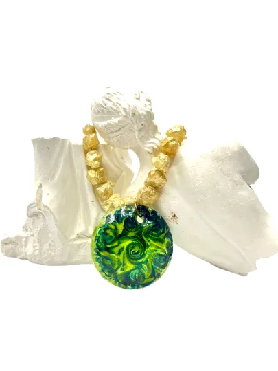 Green and Black Murano Pendant Necklace on an Electroplated Citrine Druzy Stone