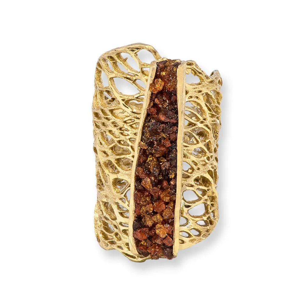 Handmade Gold Plated Ring Diamond Curved With Crystals In The Color Of Carnelian