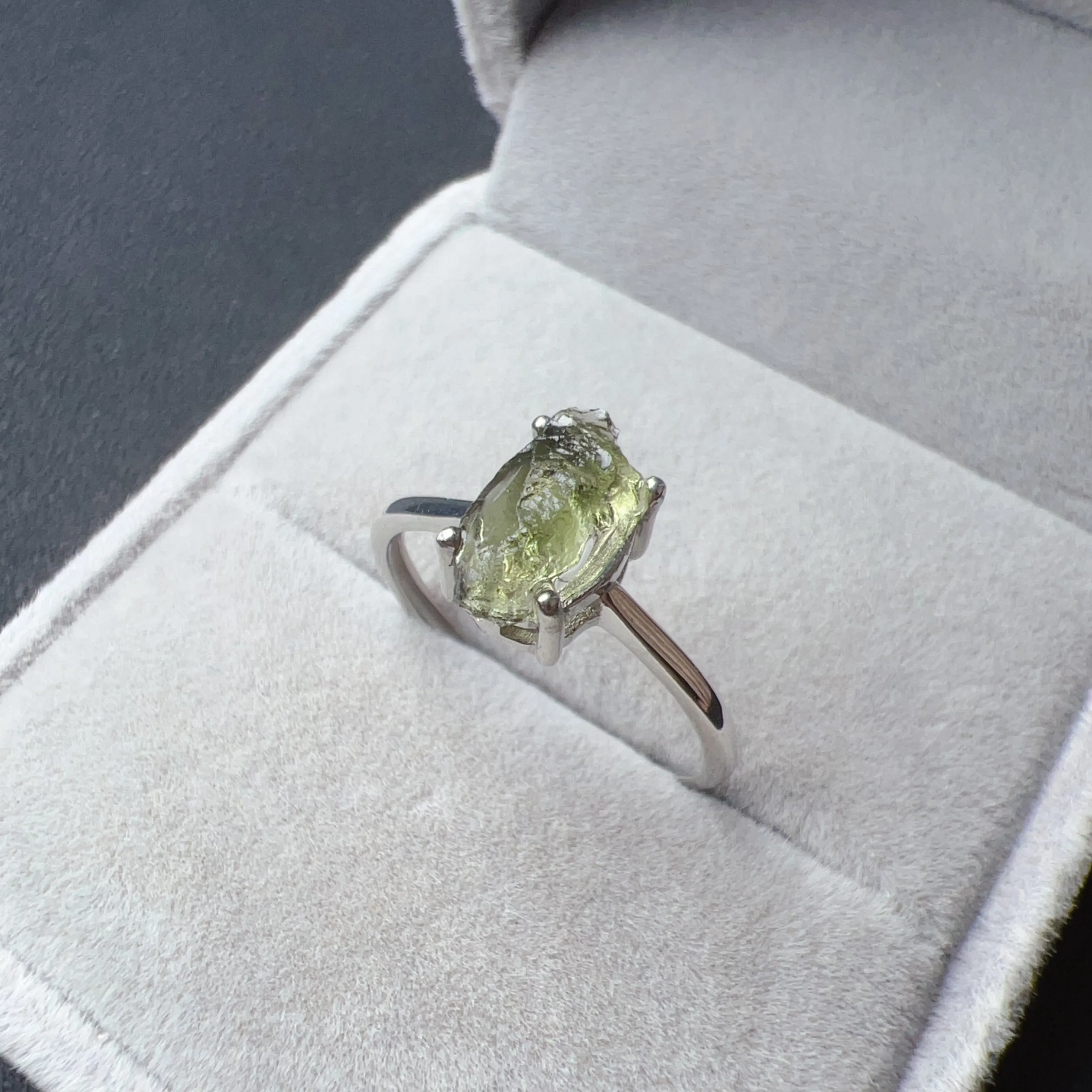 Handmade Moldavite Raw Stone Ring 925 Sterling Silver Prongs | Rare High-frequency Healing Stone