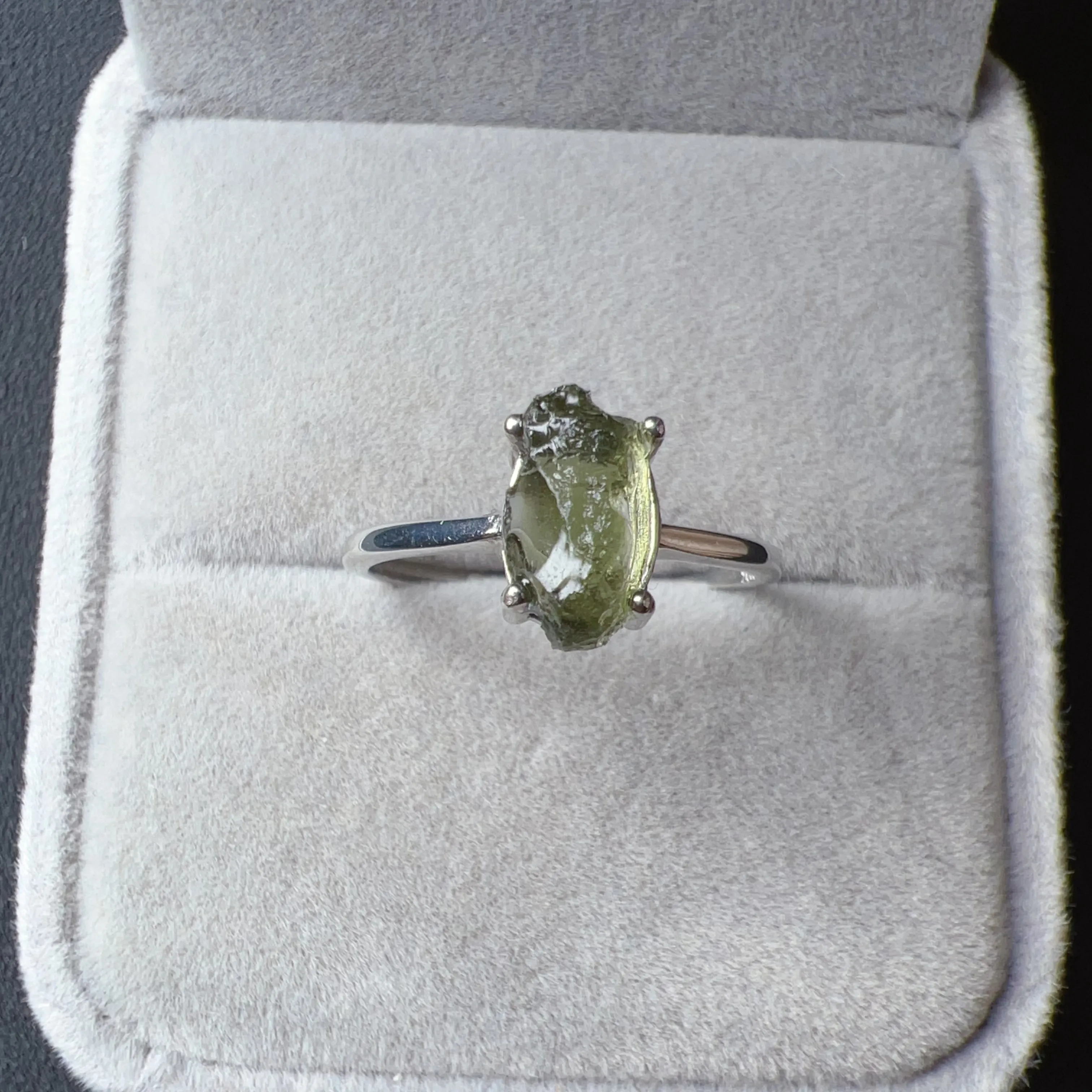 Handmade Moldavite Raw Stone Ring 925 Sterling Silver Prongs | Rare High-frequency Healing Stone