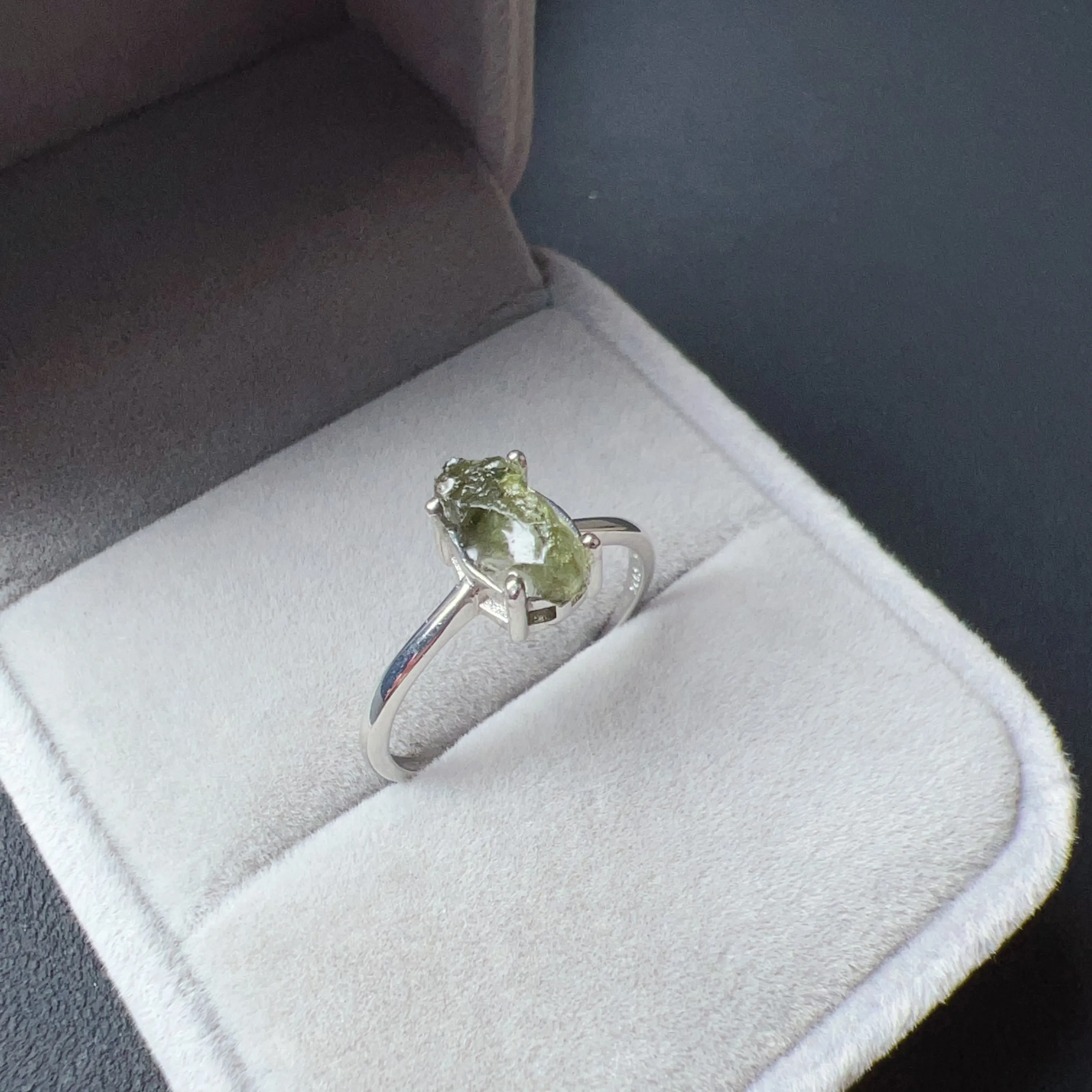 Handmade Moldavite Raw Stone Ring 925 Sterling Silver Prongs | Rare High-frequency Healing Stone