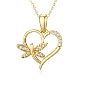 Heart Necklace 14K Gold Dragonfly Pendant Necklace Dragonfly Jewelry Gift with 5A Cubic Zirconia for Women Birthday