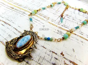 Larimar Gemstone Dancing Dolphins Bronze Necklace