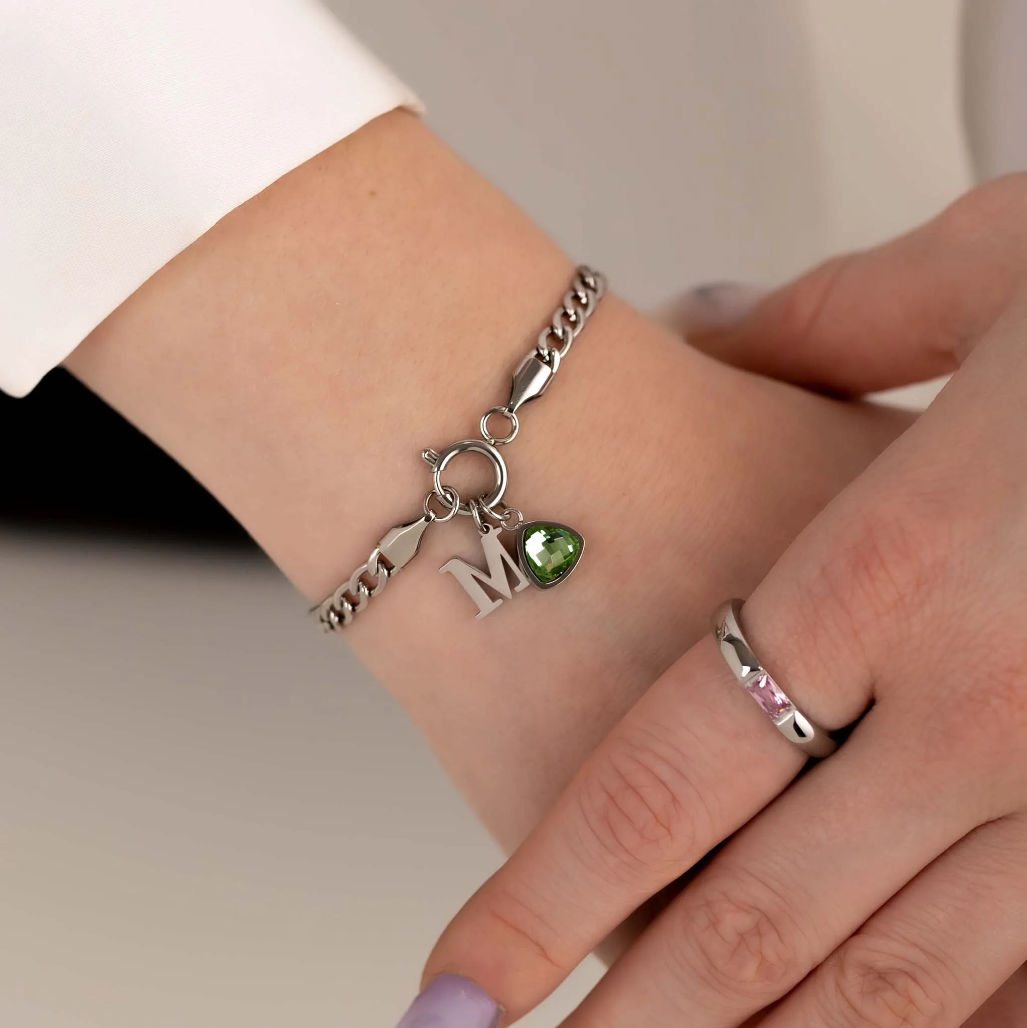 Letter & birthstone bracelet silver