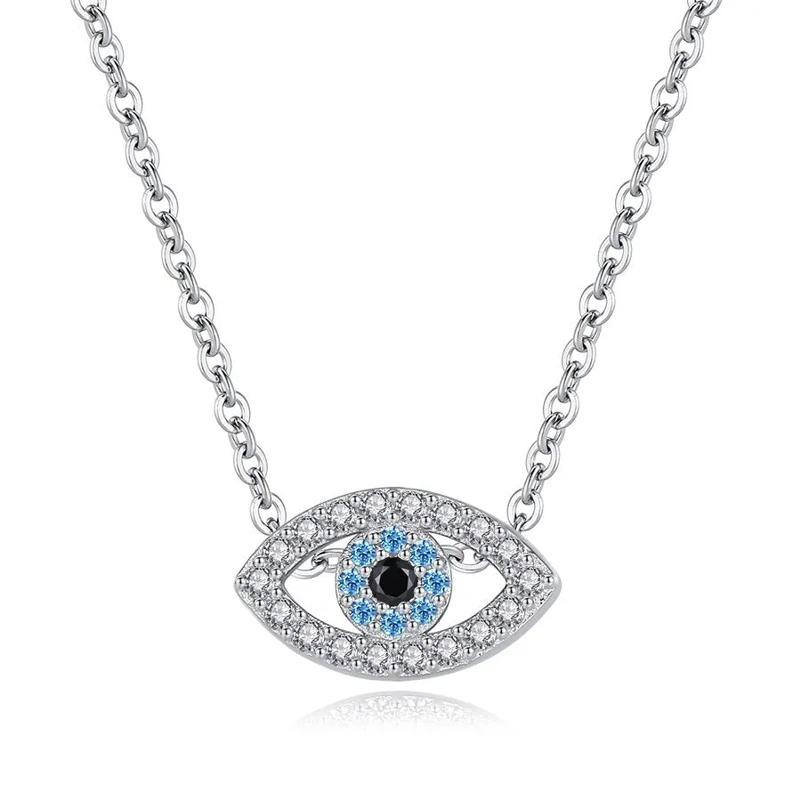 Lucky Turkish Blue Evil Eye Rhinestone 925 Sterling Silver Fashion Necklace