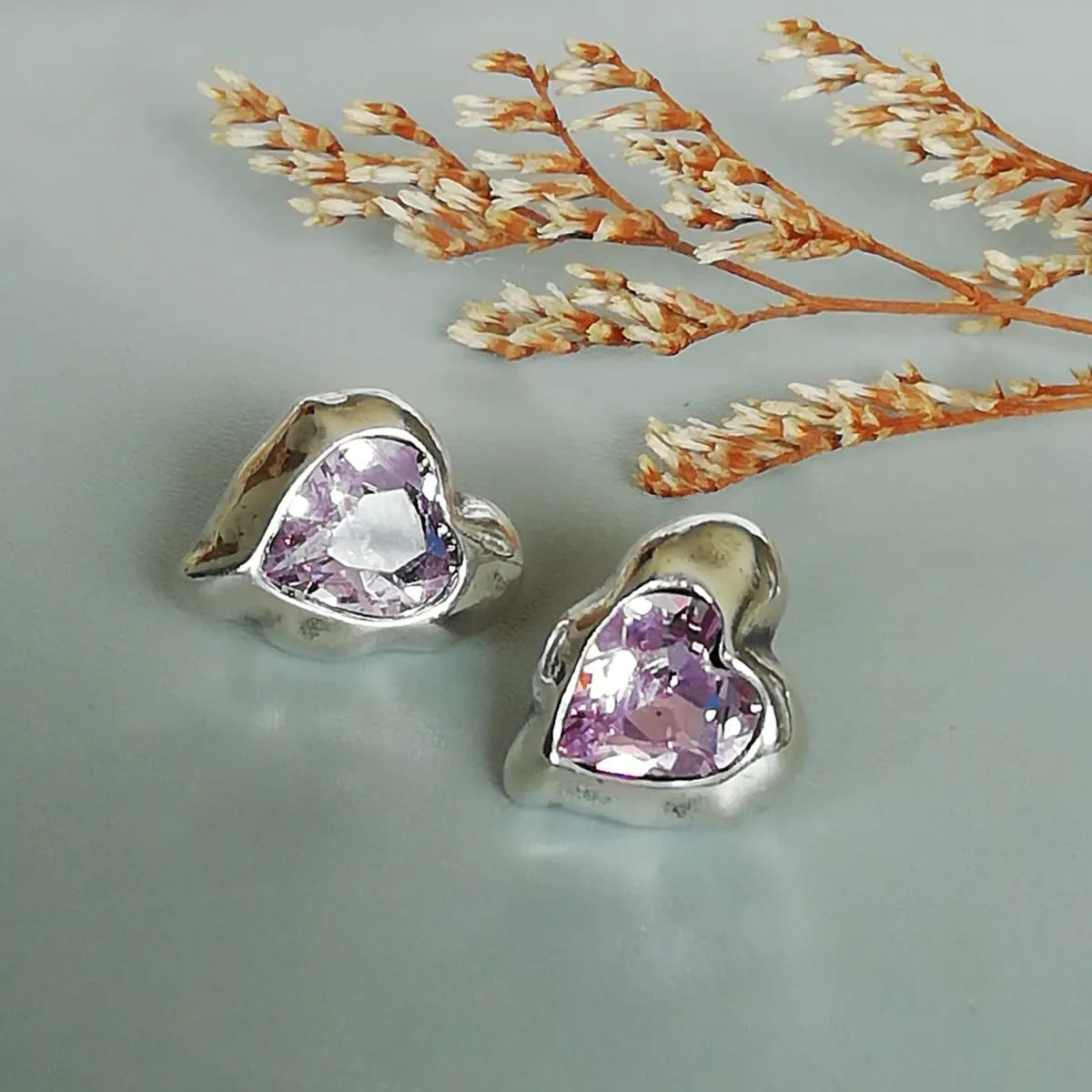 Mauve Cz heart stud | Sterling silver cubic zirconia ear studs | Simple ear studs | E1044