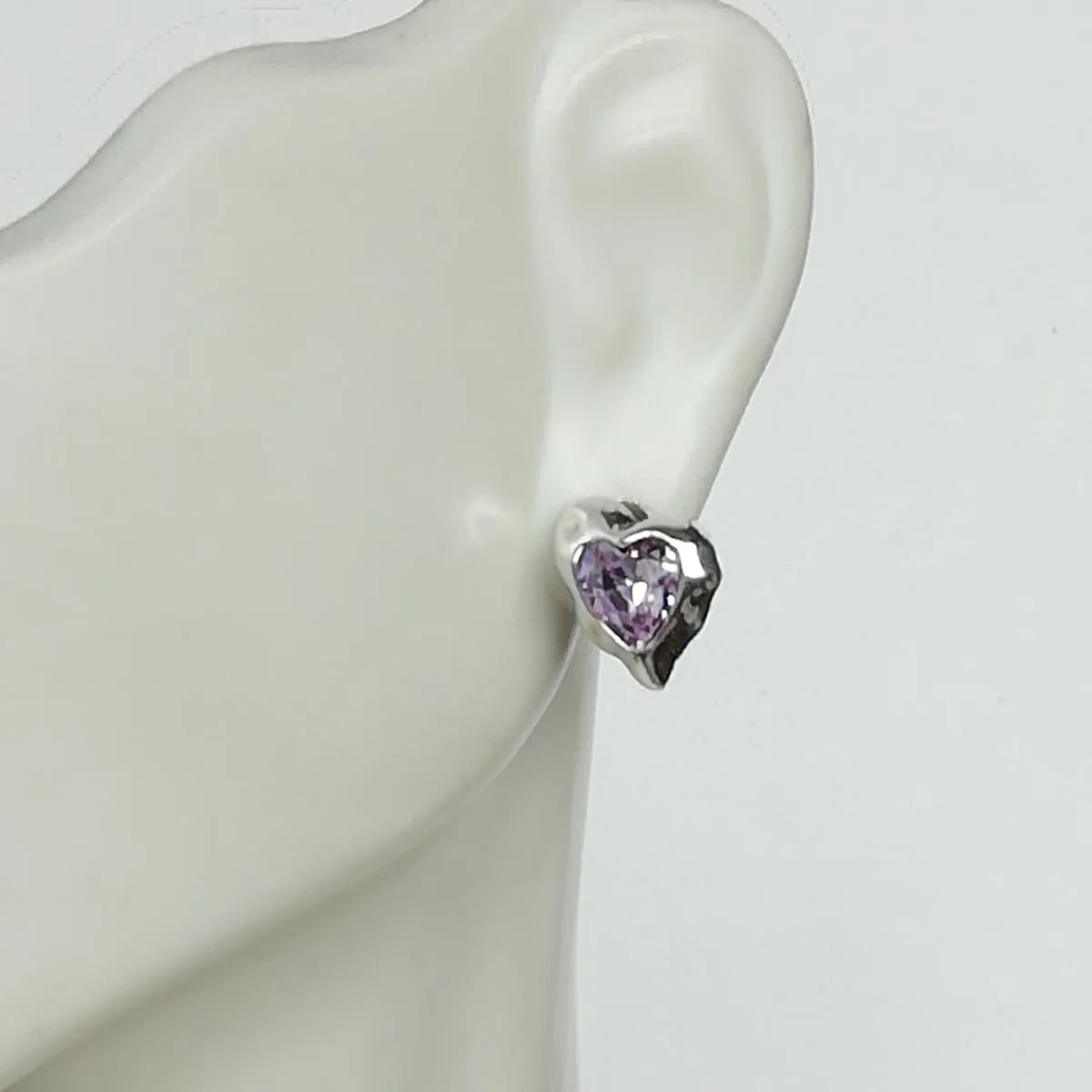 Mauve Cz heart stud | Sterling silver cubic zirconia ear studs | Simple ear studs | E1044