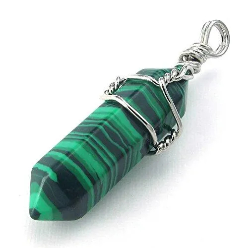 Men Women Malachite Hexagonal Prism Natural Gemstone Pendant Necklace