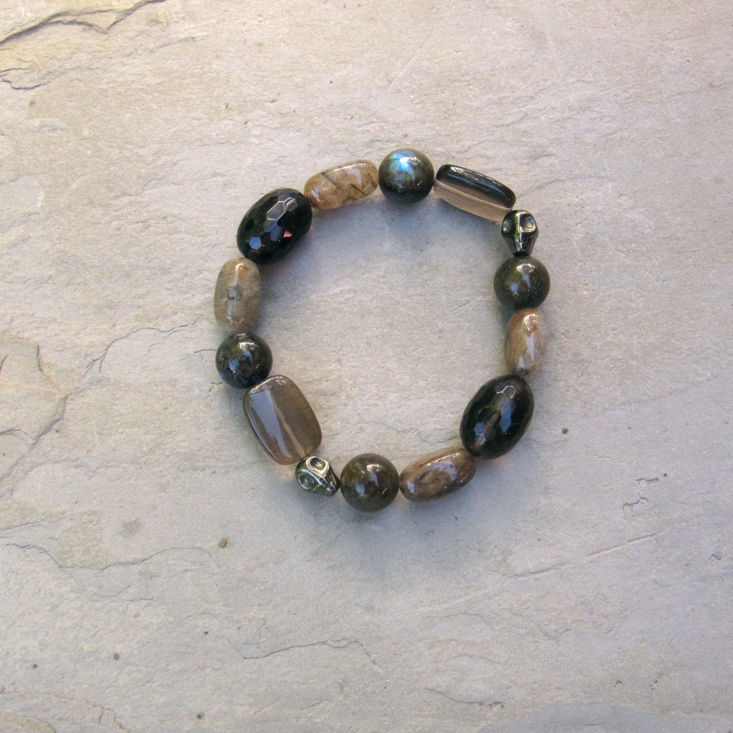 Men’s Smokey Topaz, Rutilated Quartz, Hematite Skull, Black Labradorite Stretch Bracelet