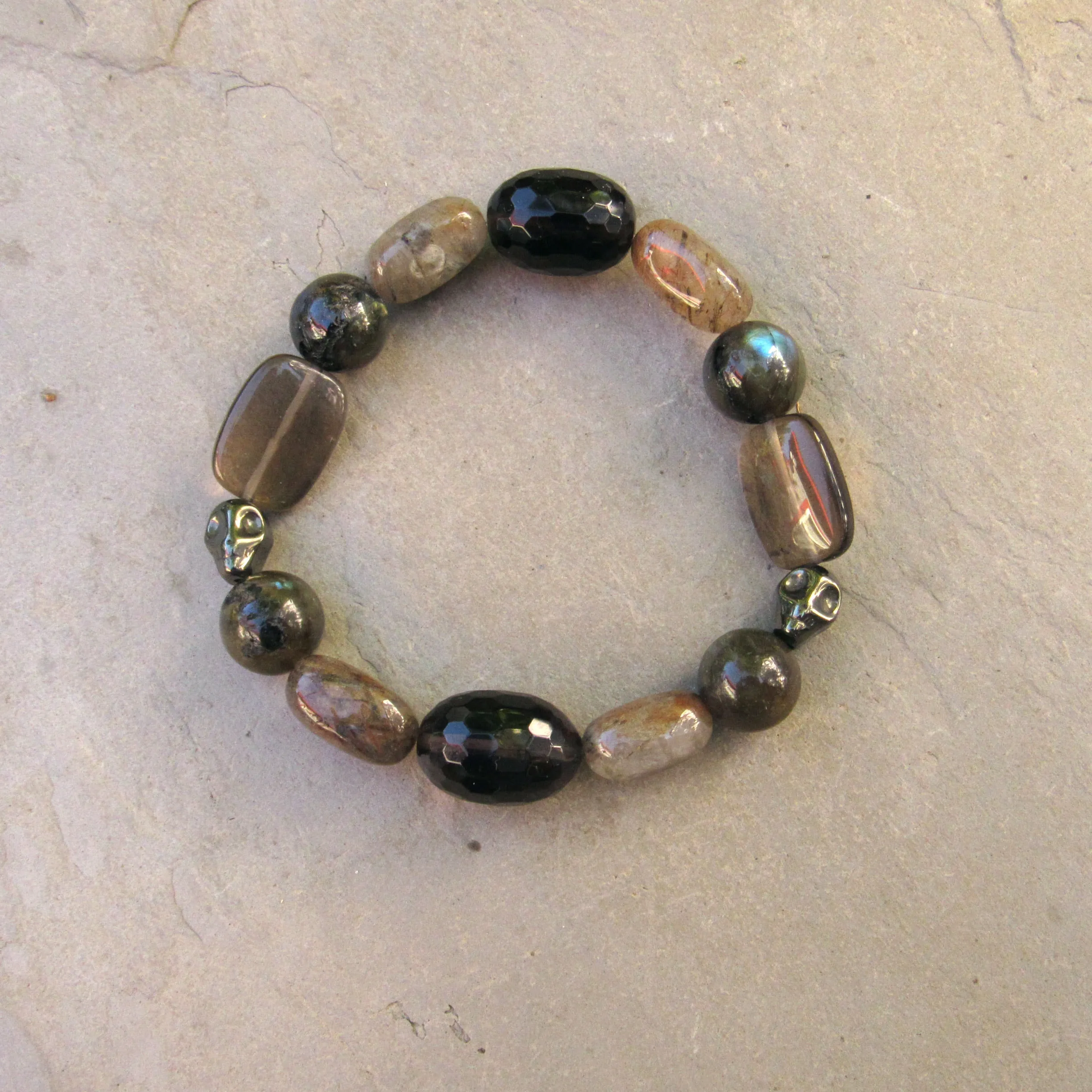 Men’s Smokey Topaz, Rutilated Quartz, Hematite Skull, Black Labradorite Stretch Bracelet