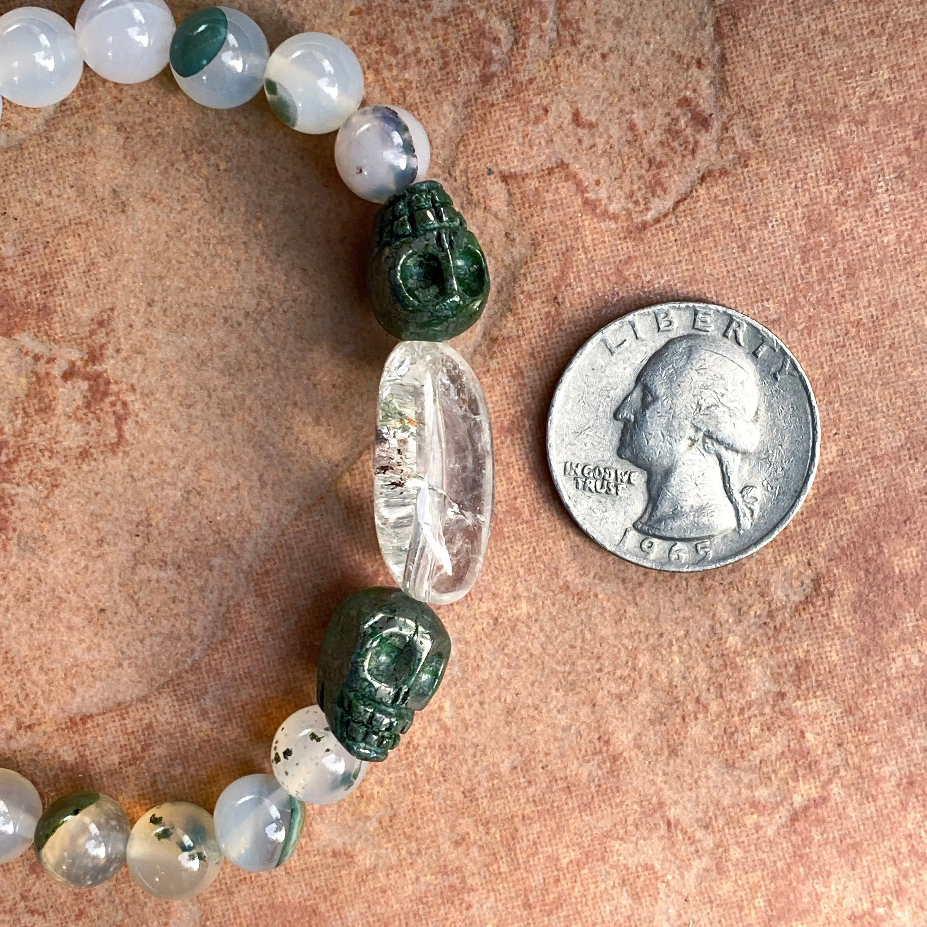 Moss Agate, Pyrite Skulls, and Phantom Quartz Men’s Stretch Bracelet