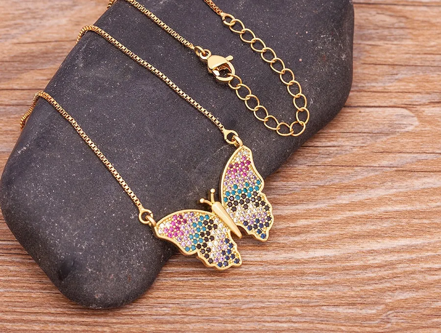 Multi-Color Micro-Pave CZ Butterfly Pendant Necklace