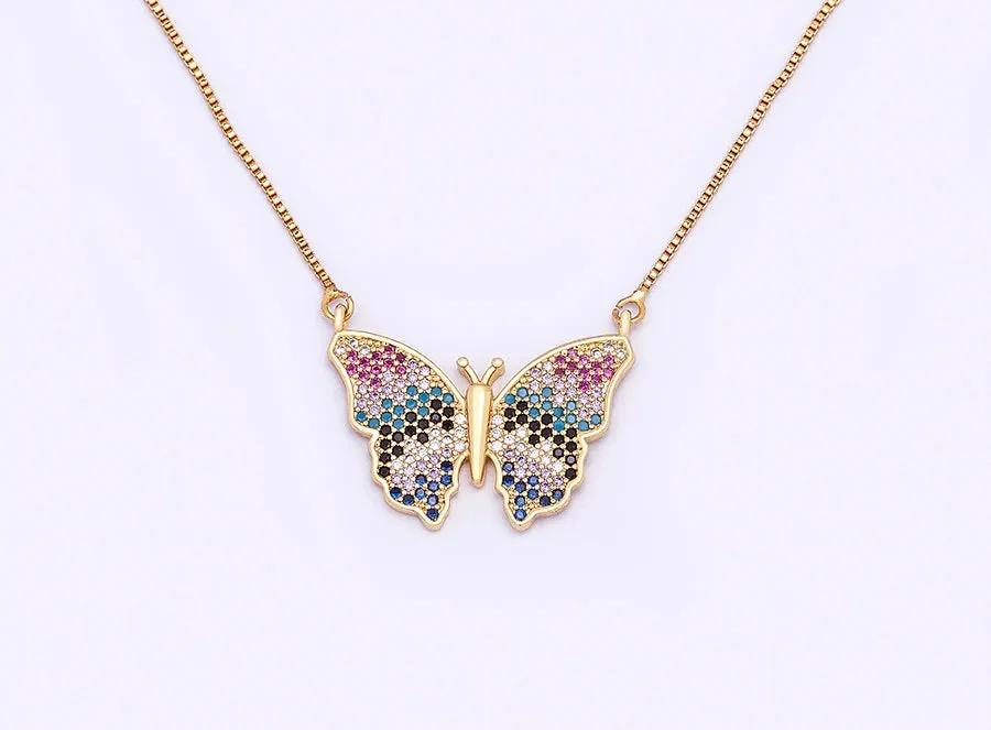 Multi-Color Micro-Pave CZ Butterfly Pendant Necklace