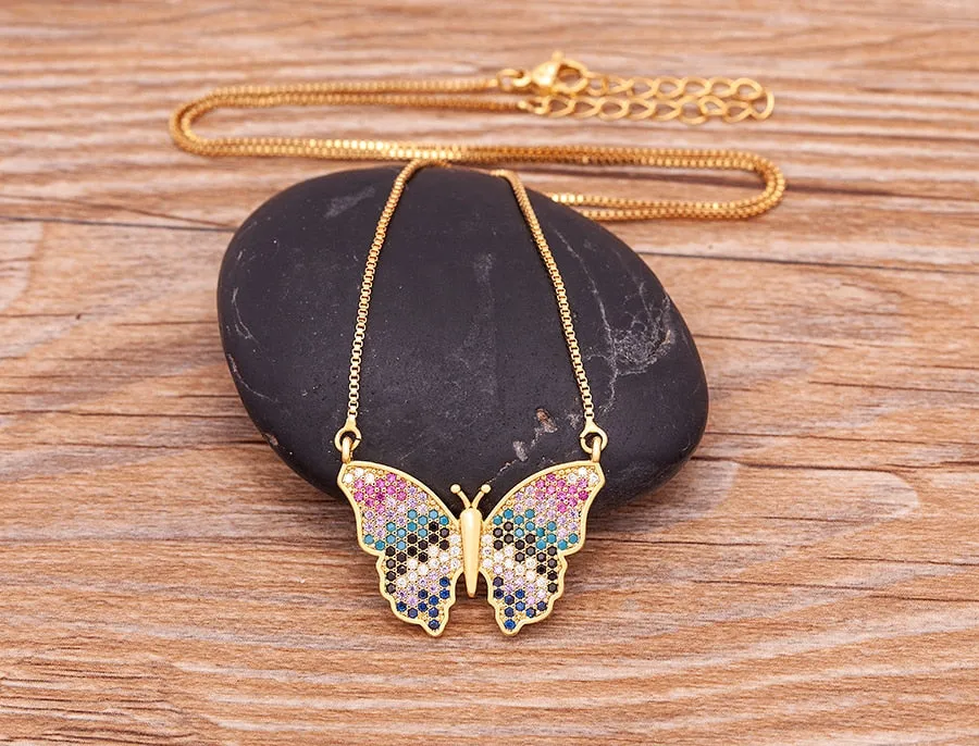 Multi-Color Micro-Pave CZ Butterfly Pendant Necklace