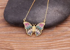 Multi-Color Micro-Pave CZ Butterfly Pendant Necklace