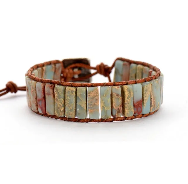 Natural Jasper Tube Stone Leather Cuff Bracelet