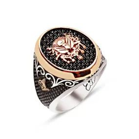 Ottoman Coat Of Arms on Black Zircons Ellipse Silver Men’s Ring Siding Curvy and Black Diamond Pattern and Ottoman Tughra