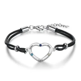 Personalized 3 Stones And 3 Names Heart-Shaped Bracelet