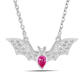 Red CZ Vampire Bat Necklace Sterling Silver