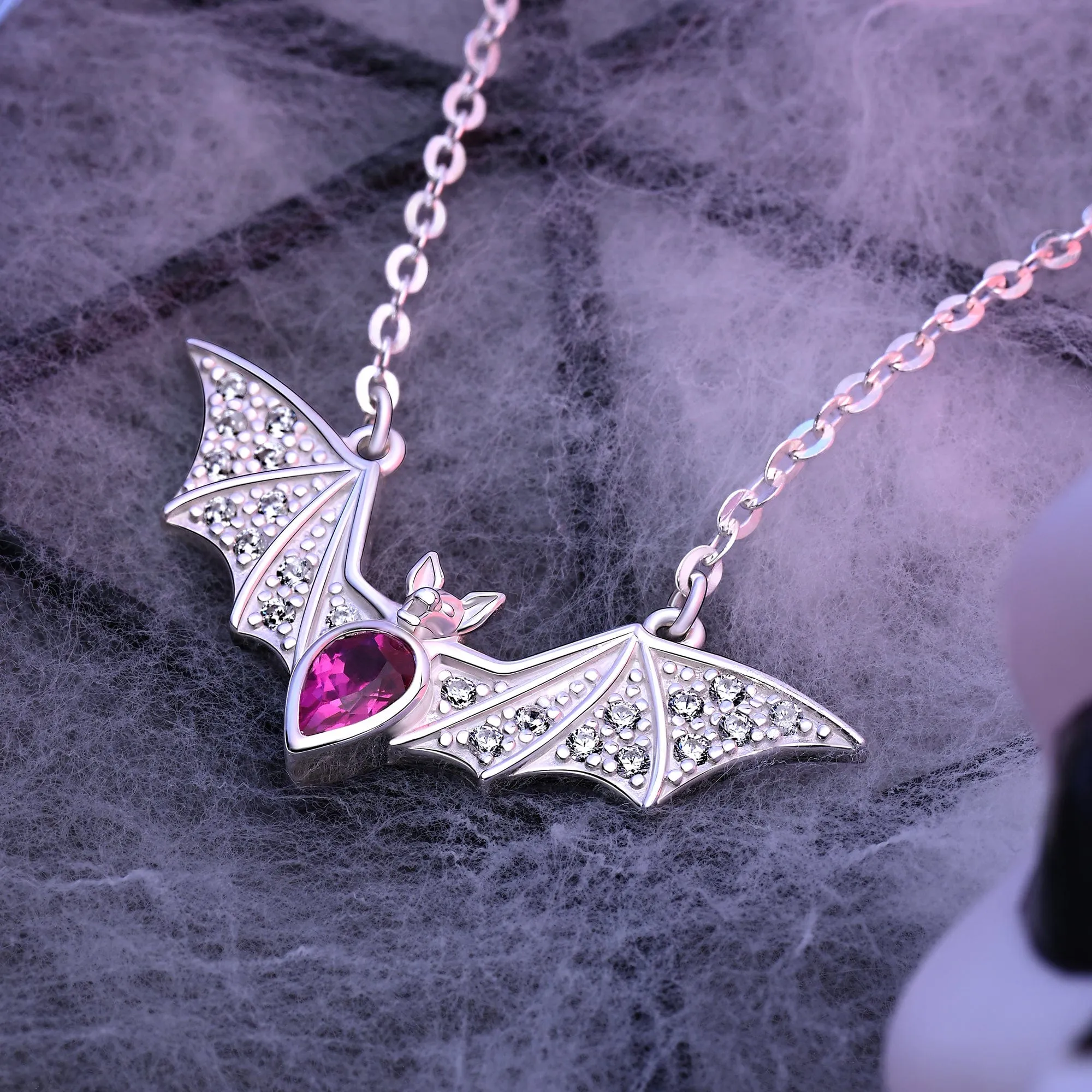 Red CZ Vampire Bat Necklace Sterling Silver