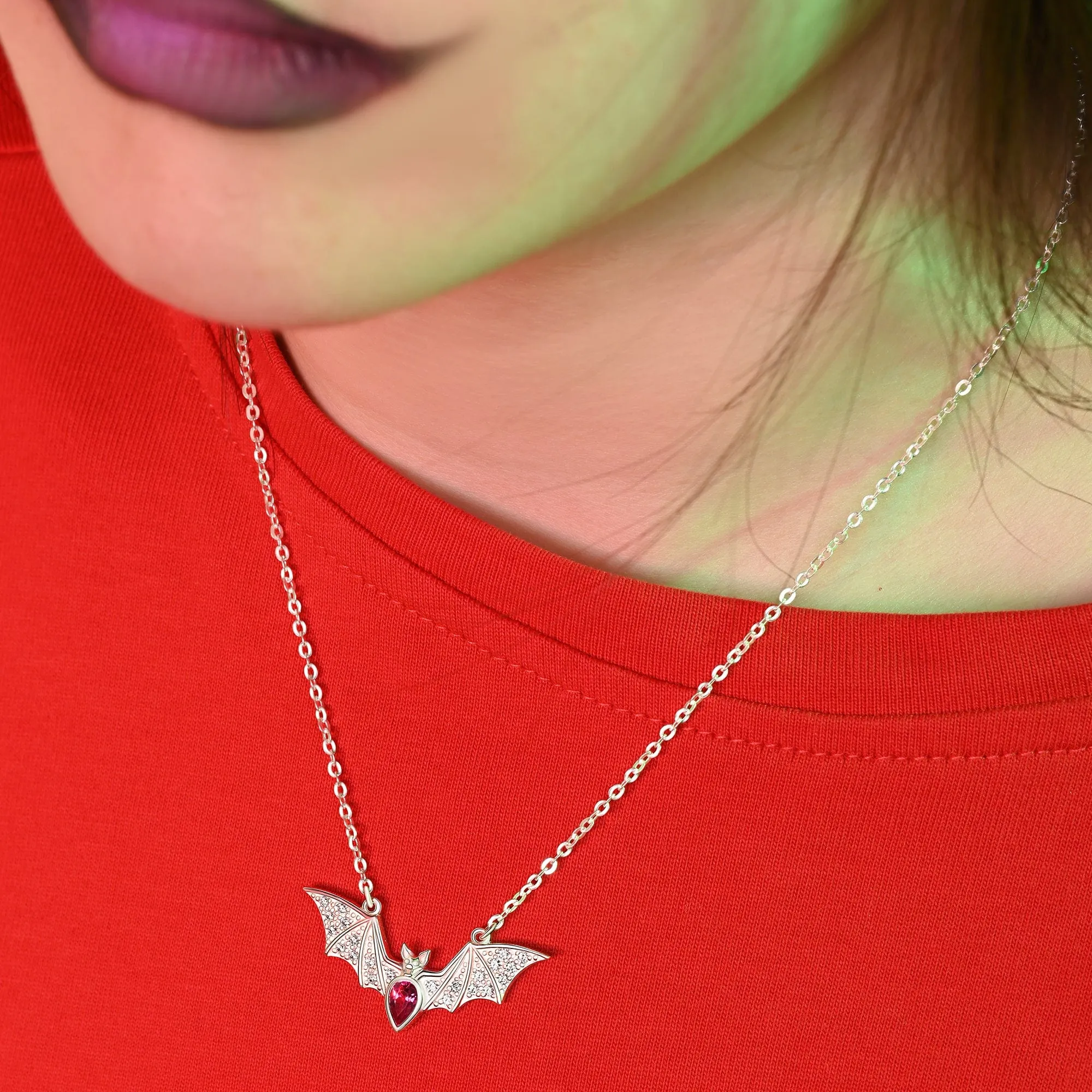 Red CZ Vampire Bat Necklace Sterling Silver