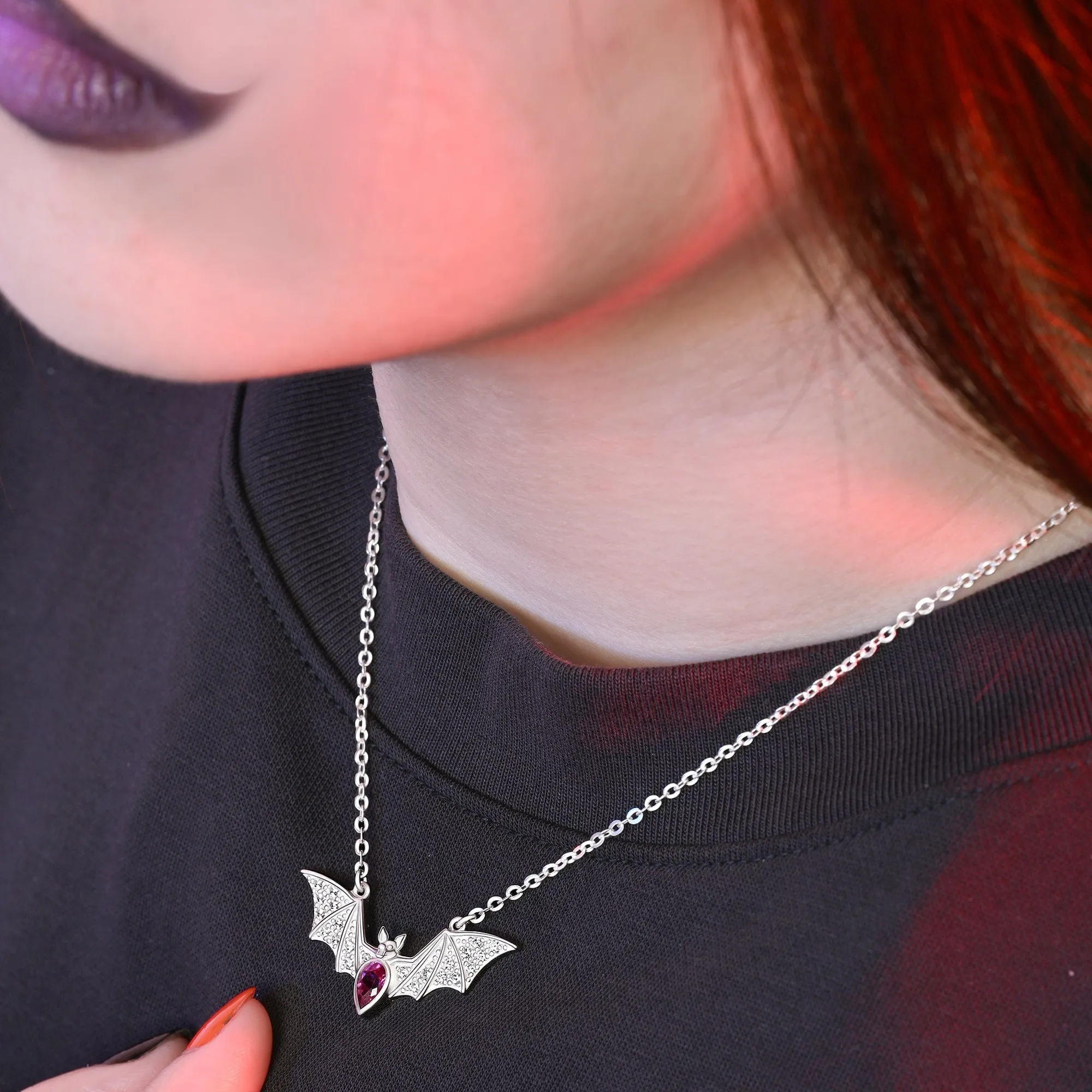 Red CZ Vampire Bat Necklace Sterling Silver