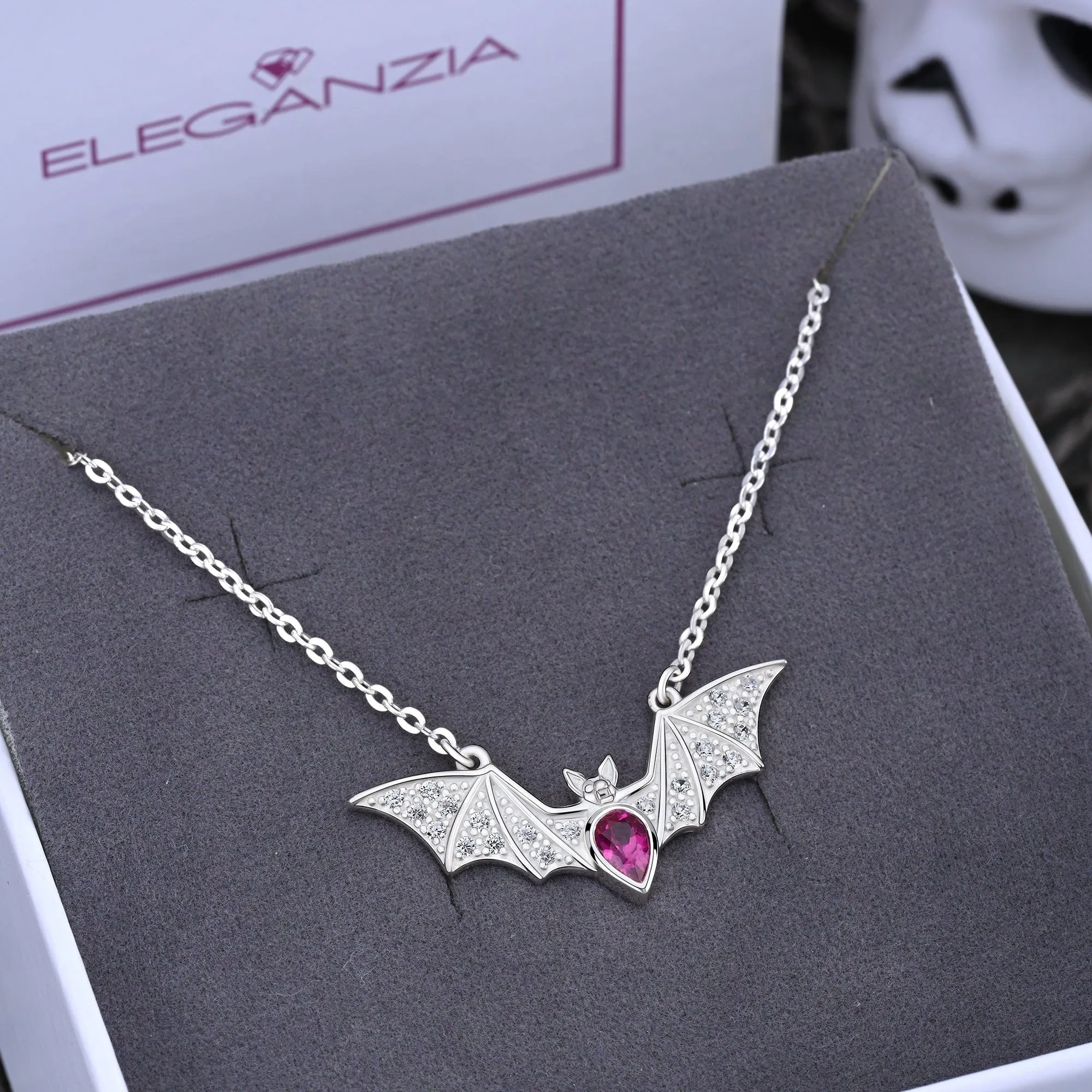 Red CZ Vampire Bat Necklace Sterling Silver