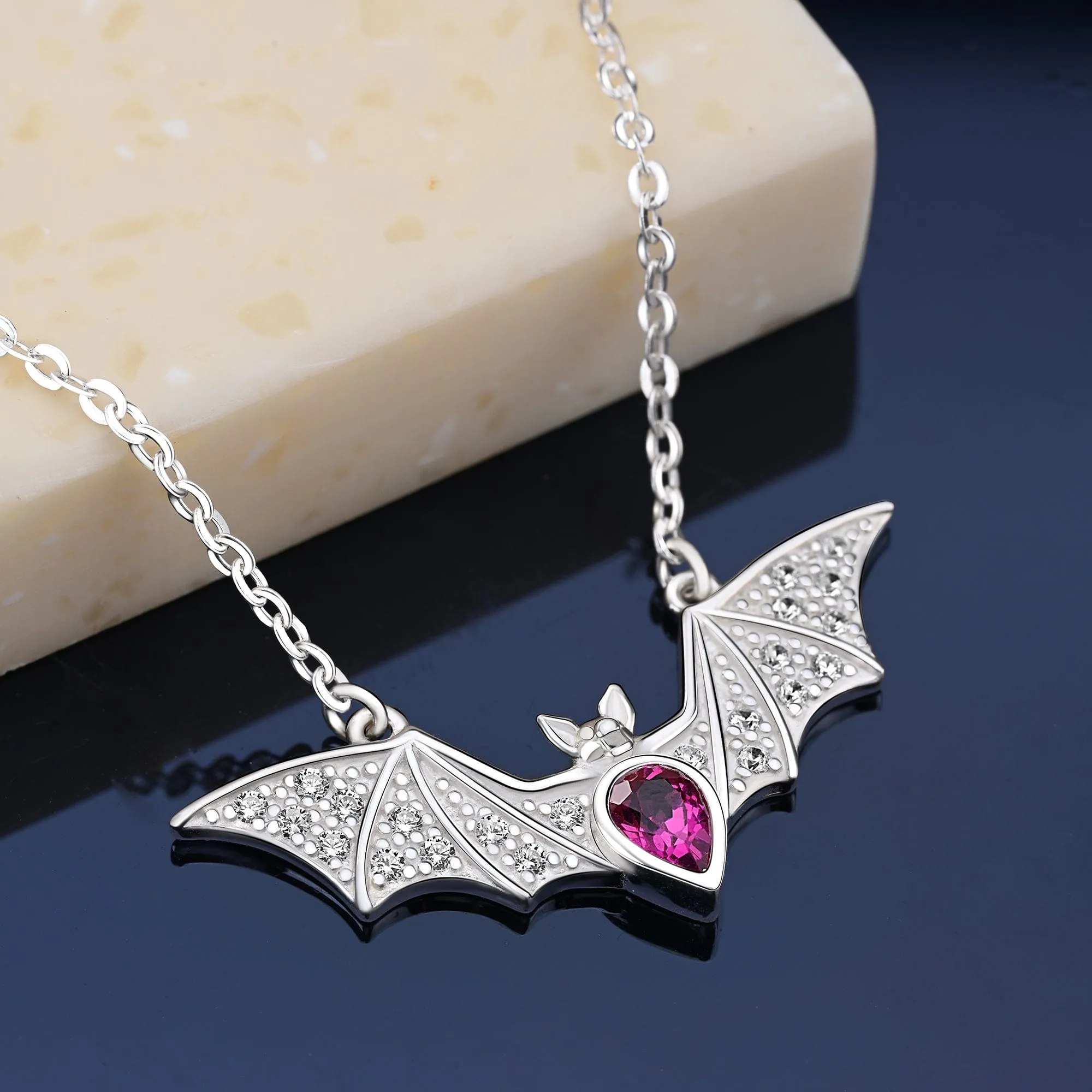 Red CZ Vampire Bat Necklace Sterling Silver