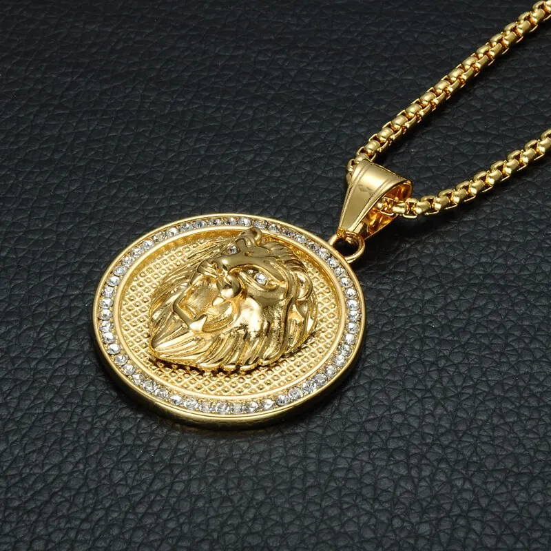 Rhinestone-Studded Gold-Plated Lion Head Bling Stainless Steel Hip-hop Pendant Necklace