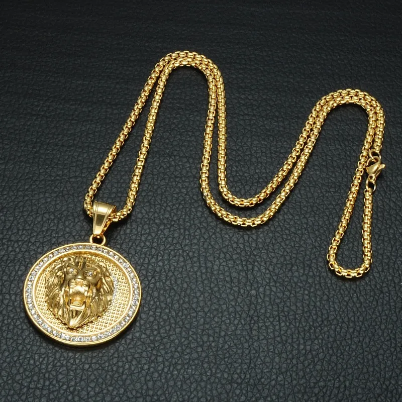 Rhinestone-Studded Gold-Plated Lion Head Bling Stainless Steel Hip-hop Pendant Necklace