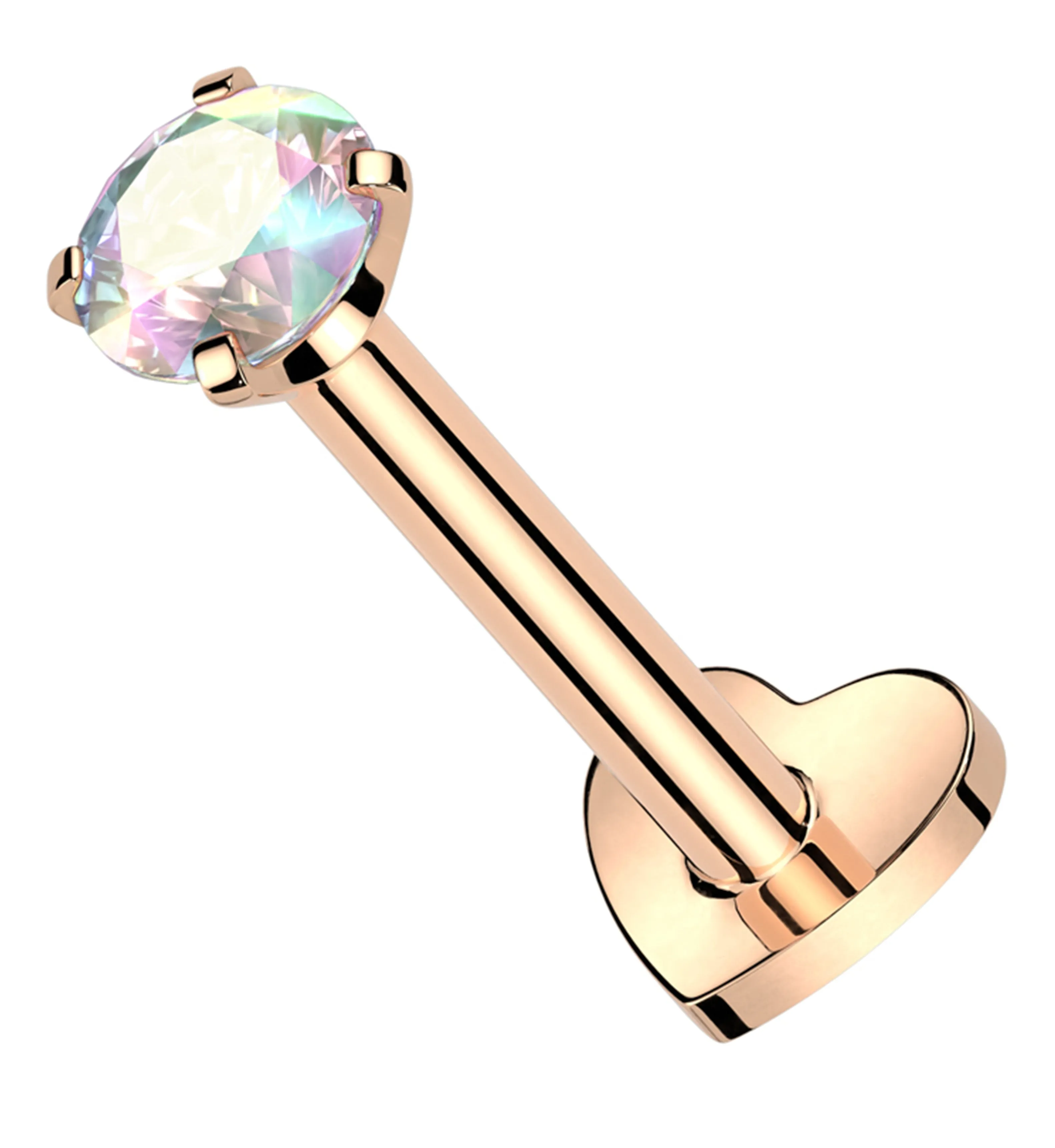 Rose Gold PVD Prong Rainbow Aurora CZ Internally Threaded Titanium Heart Disk Labret