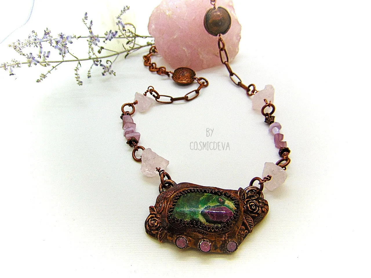 Ruby in Fuchsite - Raw Rose Quartz Copper Necklace