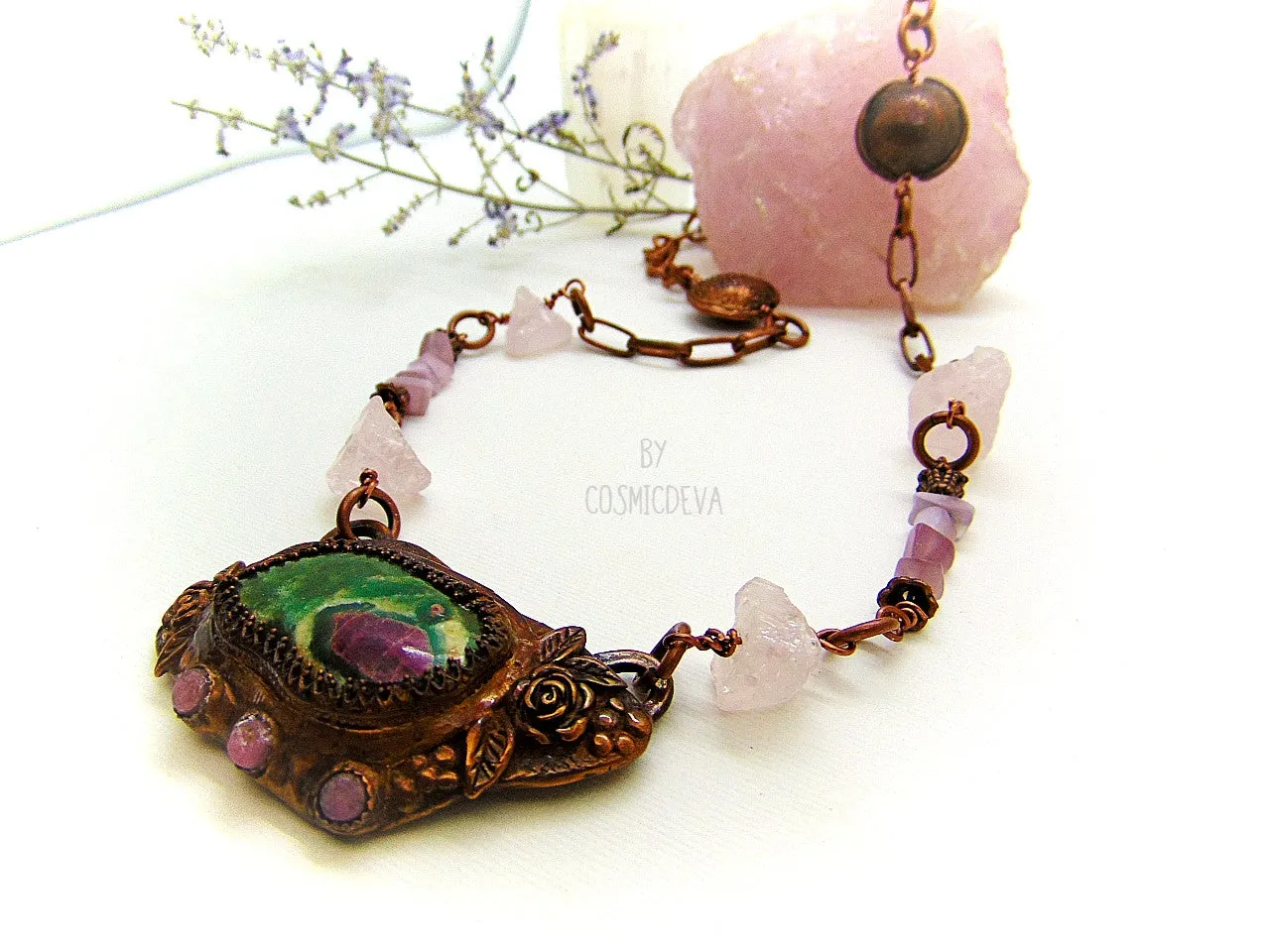 Ruby in Fuchsite - Raw Rose Quartz Copper Necklace