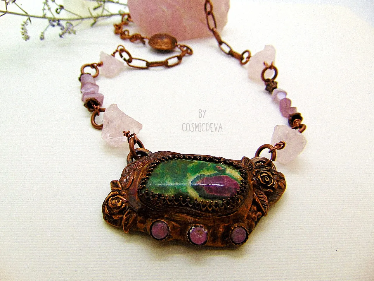 Ruby in Fuchsite - Raw Rose Quartz Copper Necklace