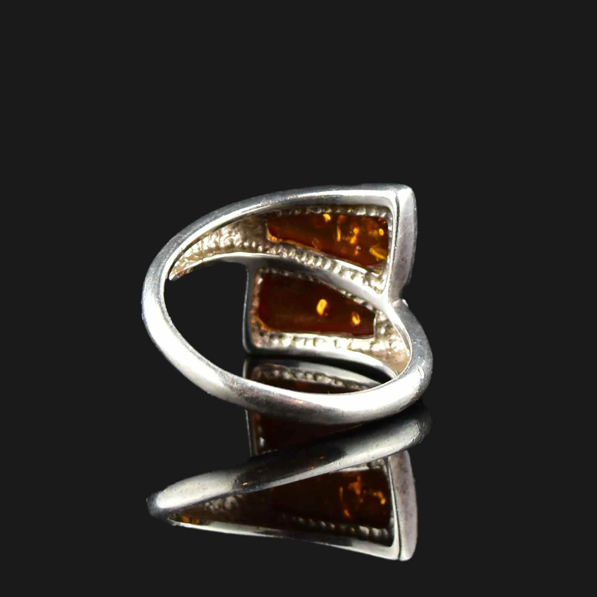 Silver Amber Bypass Style Ring, Sz 7.75