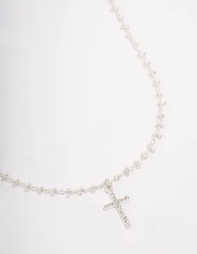 Silver Plated Diamante Cross Ball Link Pendant Necklace