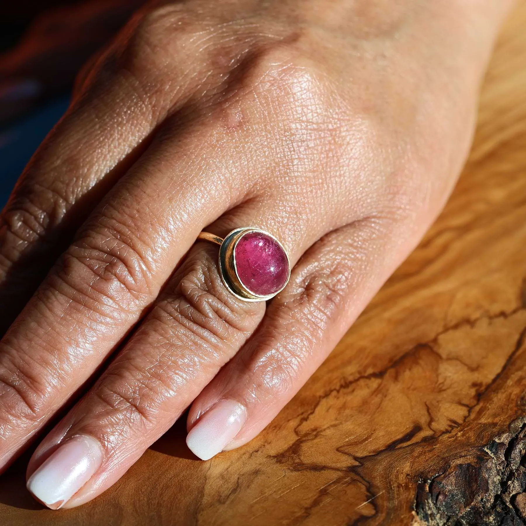 Smooth Domed Round Pink Tourmaline Cabochon Gold Ring