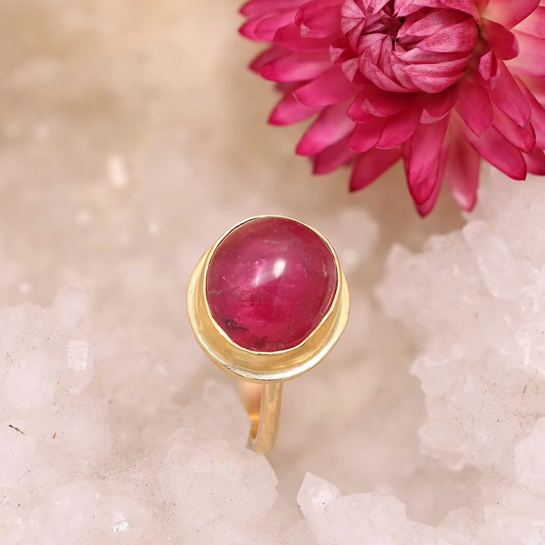 Smooth Domed Round Pink Tourmaline Cabochon Gold Ring