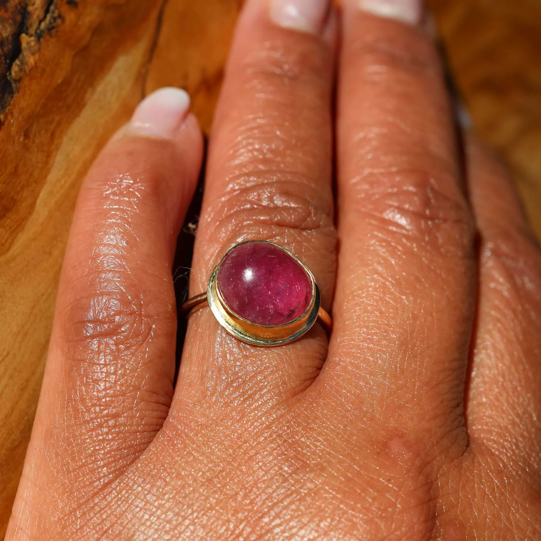 Smooth Domed Round Pink Tourmaline Cabochon Gold Ring