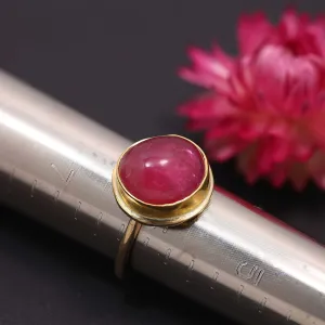 Smooth Domed Round Pink Tourmaline Cabochon Gold Ring