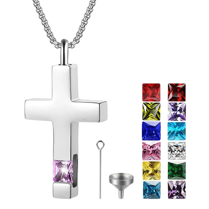 Stainless Steel Birthstones Urn Necklaces for Ashes Cross Cremation Pendant for Men Women Memorial Keepsake Jewelry