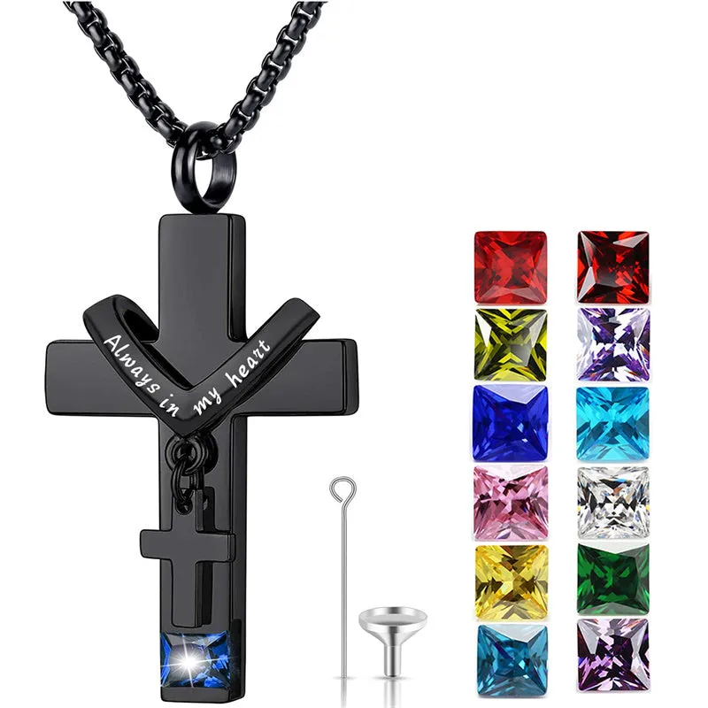 Stainless Steel Birthstones Urn Necklaces for Ashes Cross Cremation Pendant for Men Women Memorial Keepsake Jewelry