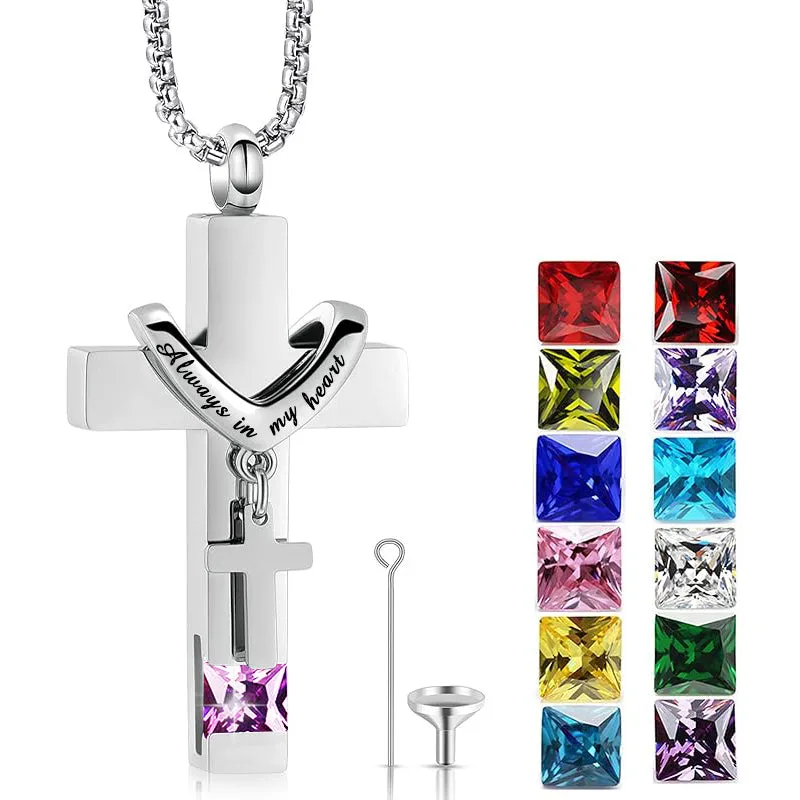 Stainless Steel Birthstones Urn Necklaces for Ashes Cross Cremation Pendant for Men Women Memorial Keepsake Jewelry