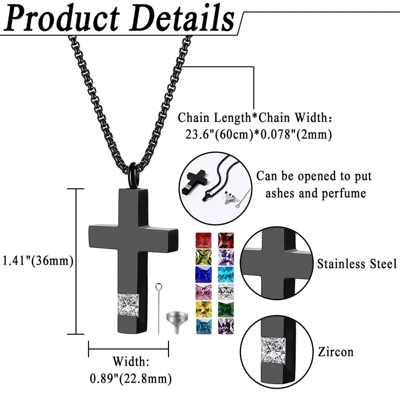 Stainless Steel Birthstones Urn Necklaces for Ashes Cross Cremation Pendant for Men Women Memorial Keepsake Jewelry