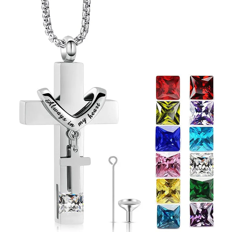 Stainless Steel Birthstones Urn Necklaces for Ashes Cross Cremation Pendant for Men Women Memorial Keepsake Jewelry