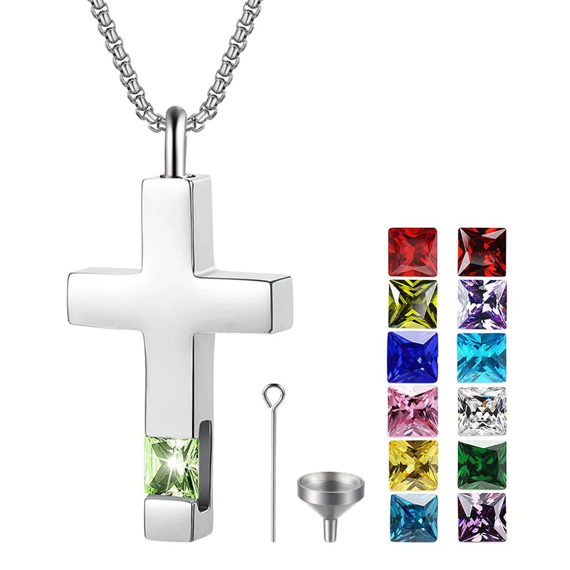 Stainless Steel Birthstones Urn Necklaces for Ashes Cross Cremation Pendant for Men Women Memorial Keepsake Jewelry