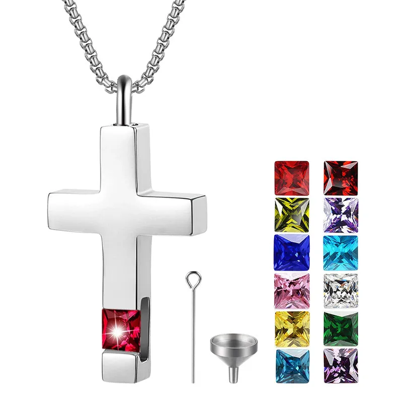 Stainless Steel Birthstones Urn Necklaces for Ashes Cross Cremation Pendant for Men Women Memorial Keepsake Jewelry