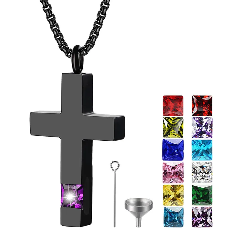 Stainless Steel Birthstones Urn Necklaces for Ashes Cross Cremation Pendant for Men Women Memorial Keepsake Jewelry